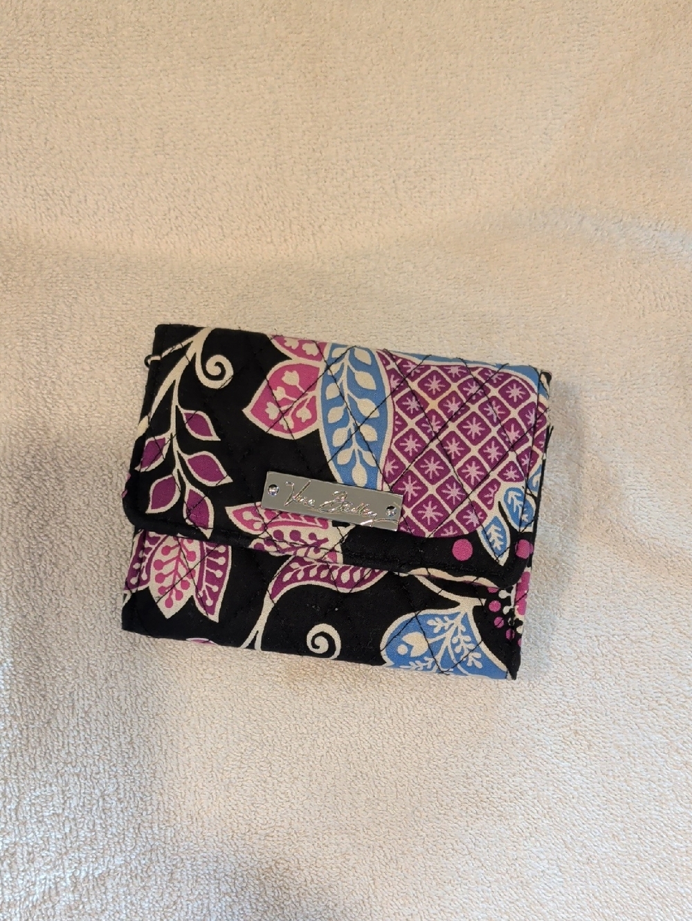 Vera Bradley Black Floral Quilted Trifold Wallet with Pink & Blue Accents